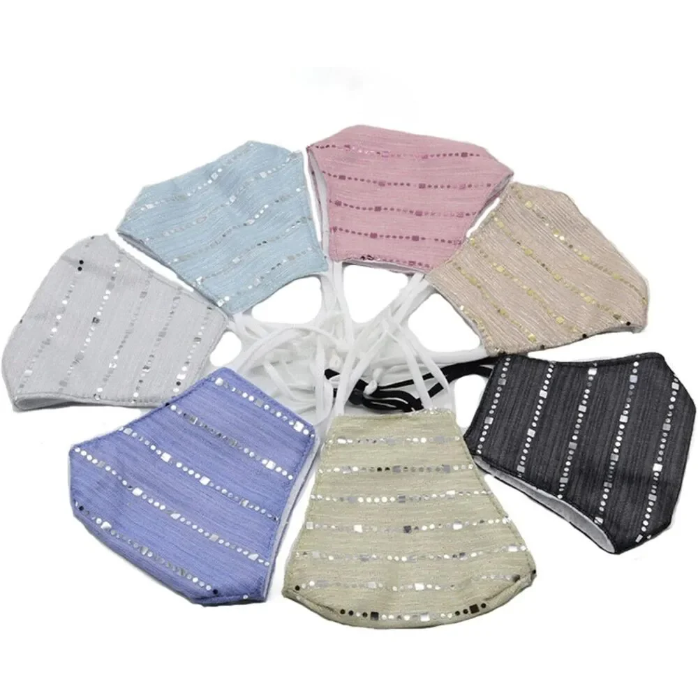 Women's Sparkly Sequin Face Cover Glitter Cotton Sequins Breathable Silver
